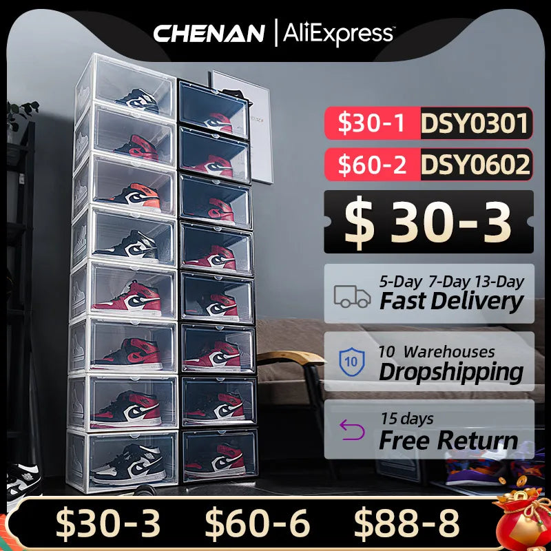 Dustproof AJ Sneakers Storage Box, Hardened Plastic Shoe Box, Stackable Cabinet, High-Top Shoes Organizers, Rack, 2Pcs