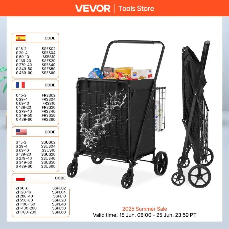 VEVOR Folding Shopping Cart with Removable Waterproof Liner 106/330LBS Large Capacity 360° Swivel Wheels Dense Metal Mesh Base