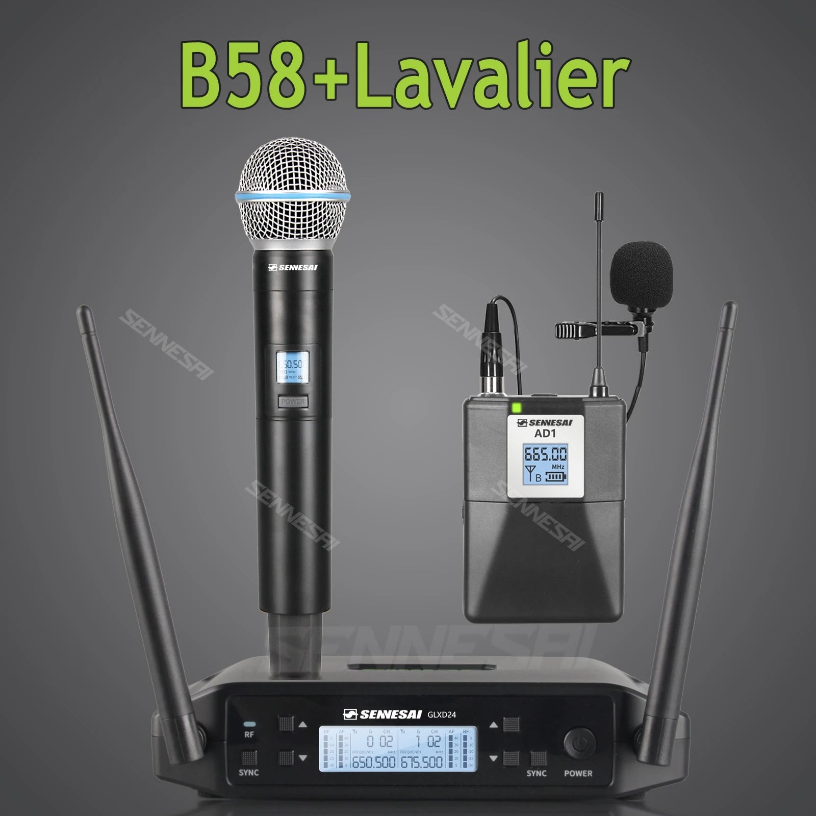 SENNESAI GLXD24 B58 Professional Dual Wireless Microphone 600-699MHz System Stage Performances UHF Dynamic 2 Channel Handheld
