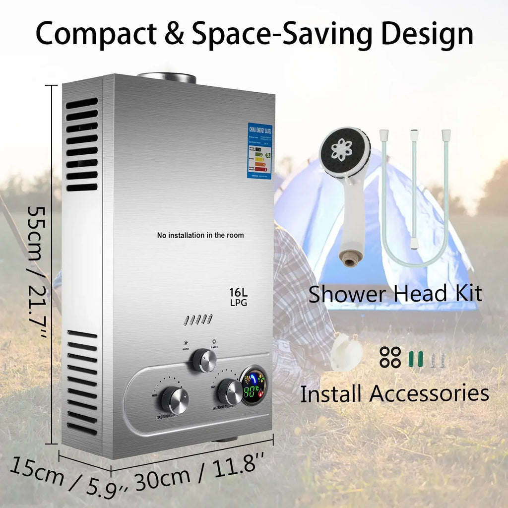 VEVOR 6L-18L Propane Gas Tankless Water Heater, Bathroom heating instant,Outdoors Water Heater Boiler Car Camping