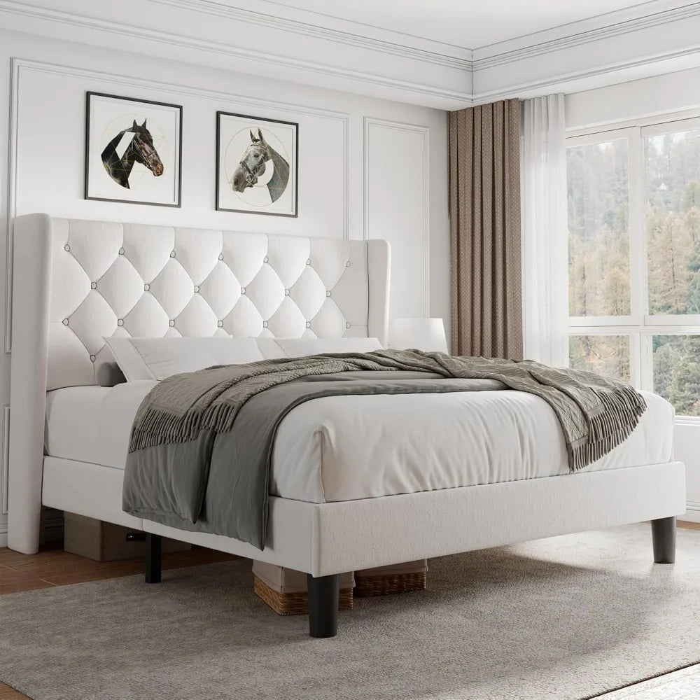 Velvet Platform Bed Frame with Button Tufted Headboard, Upholstered Bed Frame with Solid Wooden Slats, 8" Underbed Space