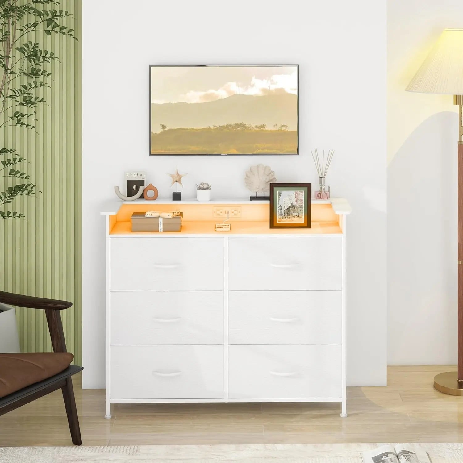 White Dresser For Bedroom With Charing Station And Led Light 6 Drawer Dresser With Pu Finish Fabric Chest Of Drawers For Closet