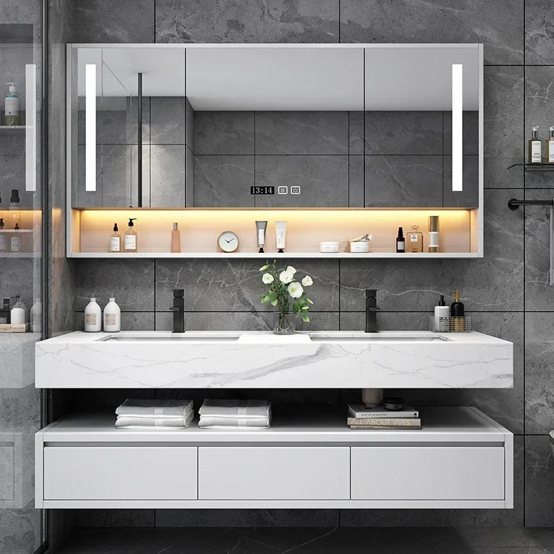 Light Luxury Panel Intelligent Bathroom Cabinet Meuble Rock Salle De Bain Wood Washbasin Double Basin Bathroom Cabinet Home