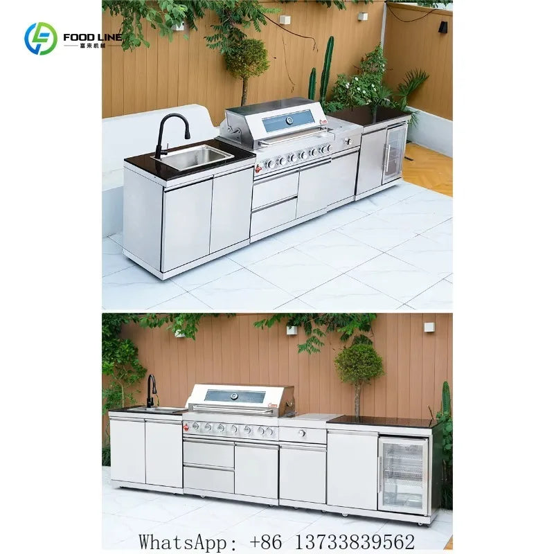 Customized Outdoor Kitchen Professional Waterproof Stainless Steel Barbecue Cabinet With Gas Grill Refrigerator Sink