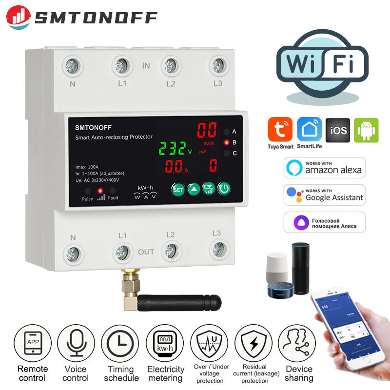 Tuya WiFi Three Phase 4P 63A Auto-Reclosing Over Under Voltage Protector Prepaid Meter Timer Switch Voice Remote Control