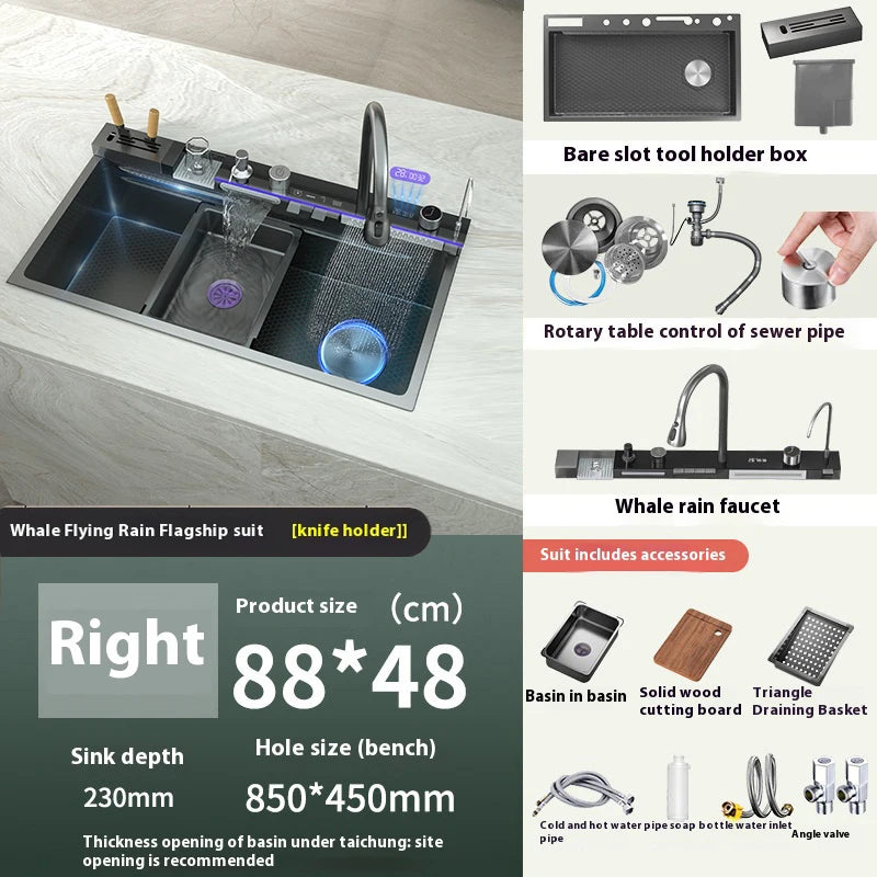 New Stainless Steel Waterfall Kitchen Sink Embossed Extra Large Single Slot Digital Display Dishwashing Sinks With Draining Rack