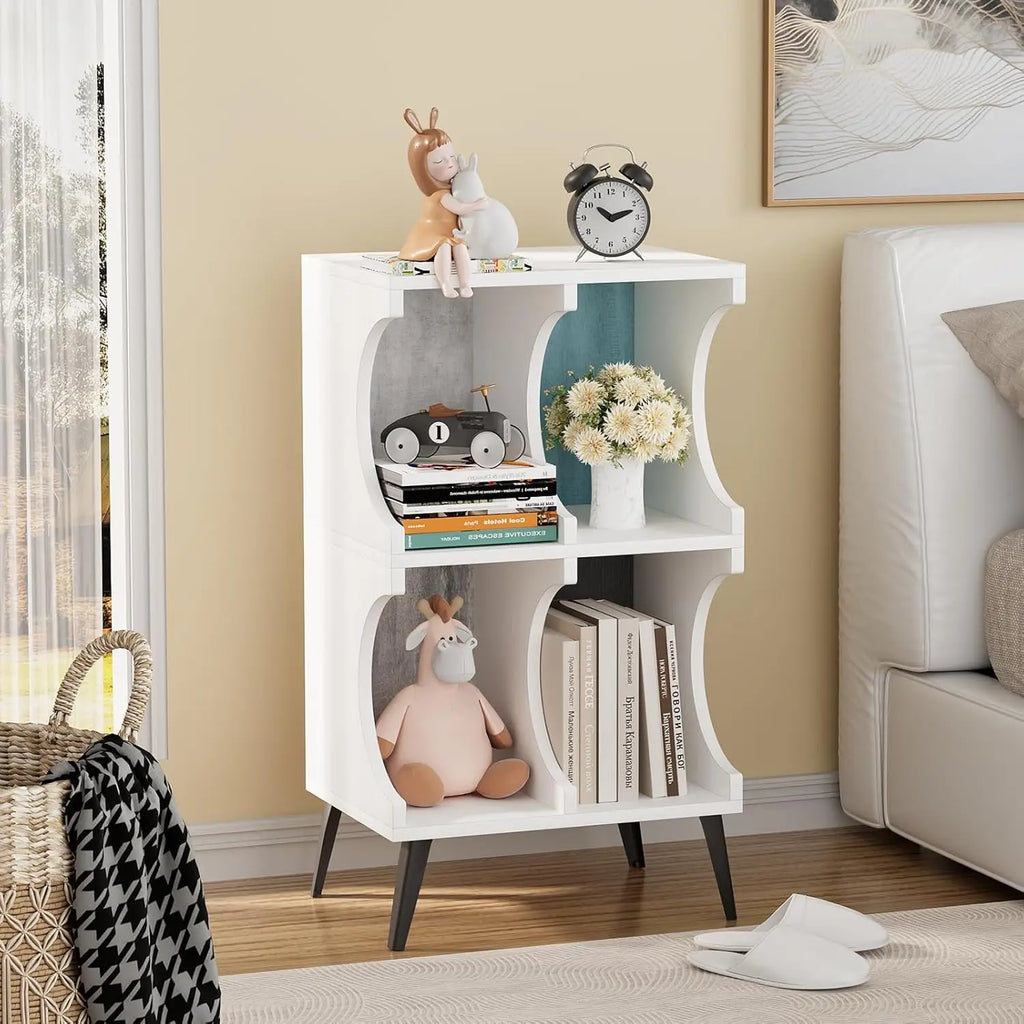 4 Cube Bookcase,White Open Cube Small Bookshelf Circle Arc Storage Shelf Display Cabinet,2 Tiers Modern Wooden Bookcase