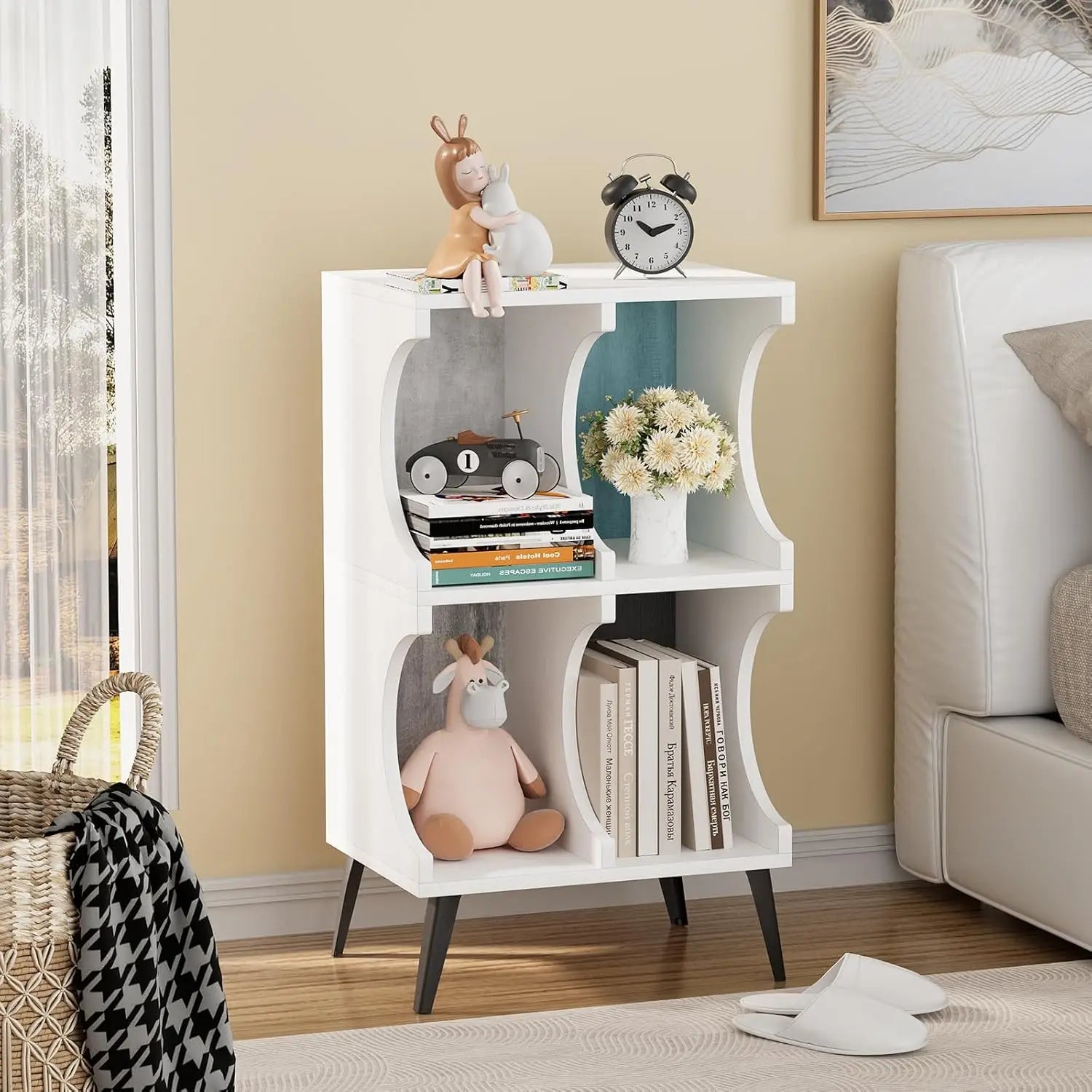 4 Cube Bookcase,White Open Cube Small Bookshelf Circle Arc Storage Shelf Display Cabinet,2 Tiers Modern Wooden Bookcase