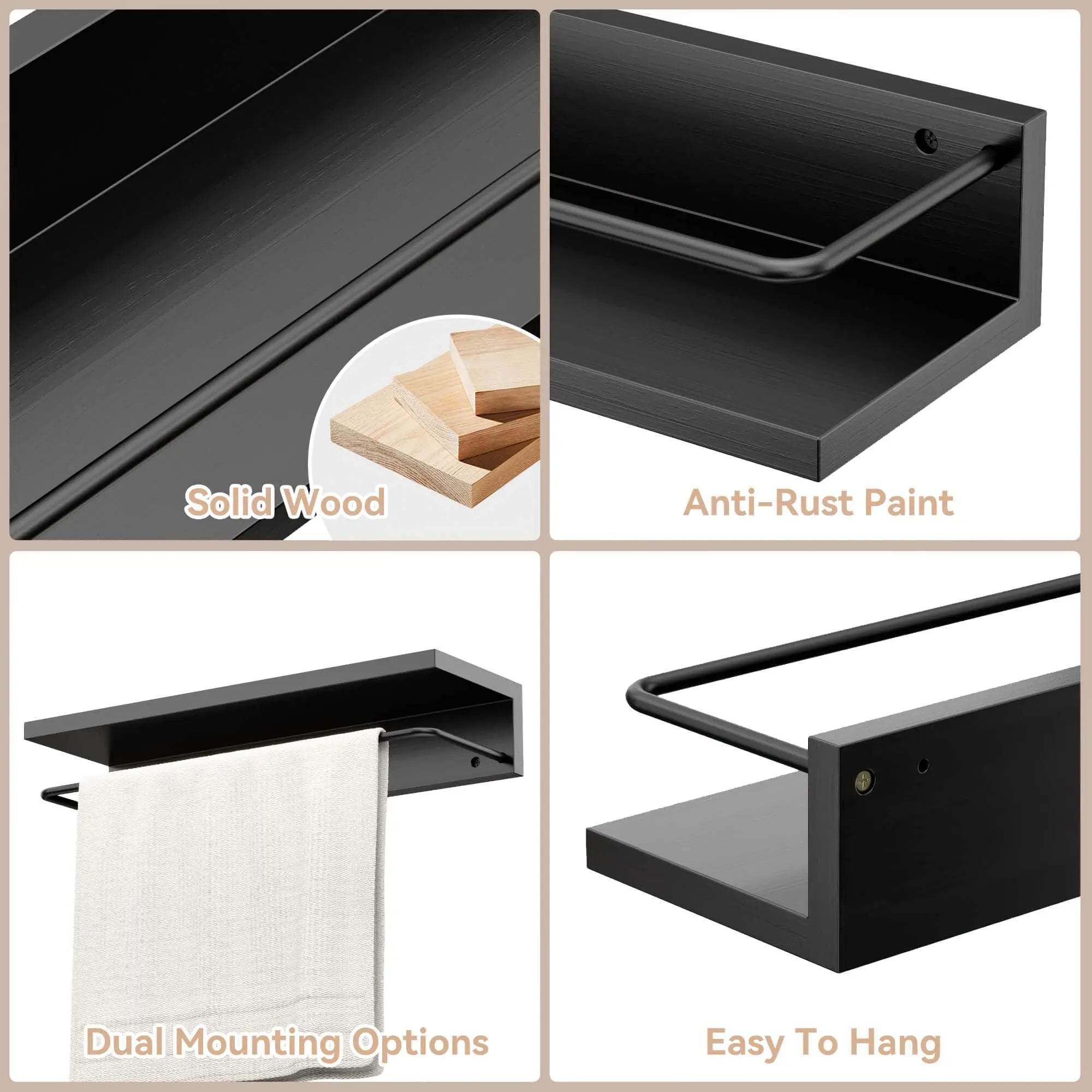 Floating Black Shelves with Metal Guardrail, Wall Mounted Shelf for Wall Decor Set of 2, Modern Bathroom Storage Shelves for Bat
