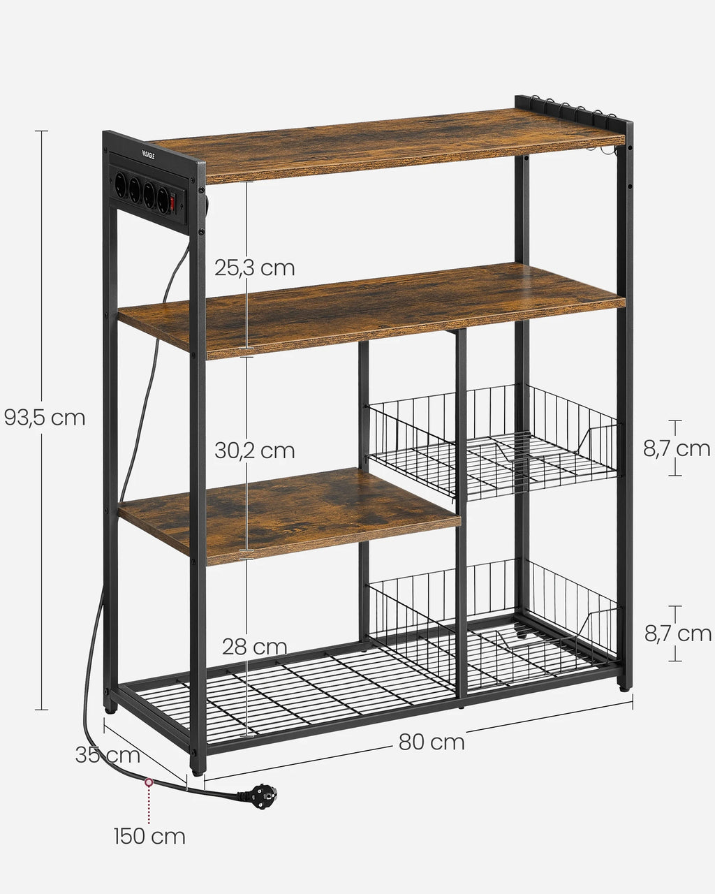 VASAGLE Kitchen Rack with sockets, 2 Metal Baskets, Microwave Shelf, 35x80x93.5 cm Industrial Design