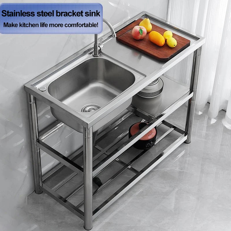 Stainless Steel Sink Kitchen Household Thickened Single Trough with Bracket Wash Basin Sink with Platform Easy Landing