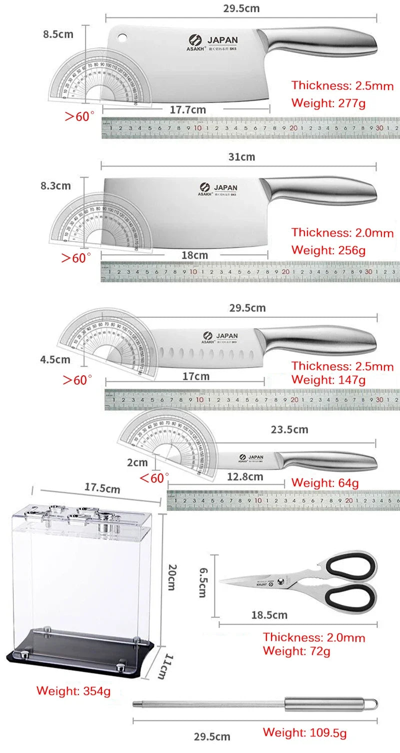 Professional Japanese Kitchen Chef Knife Set Meat Fish Fruit Vegetables Slicing Stainless Steel Butcher Cleaver Knife Holder