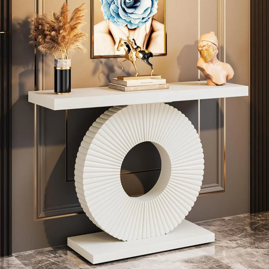 LITTLE TREE Modern Console Table with Geometric Base, Wood Entryway Table Sofa Table Narrow Long, Contemporary Accent Table