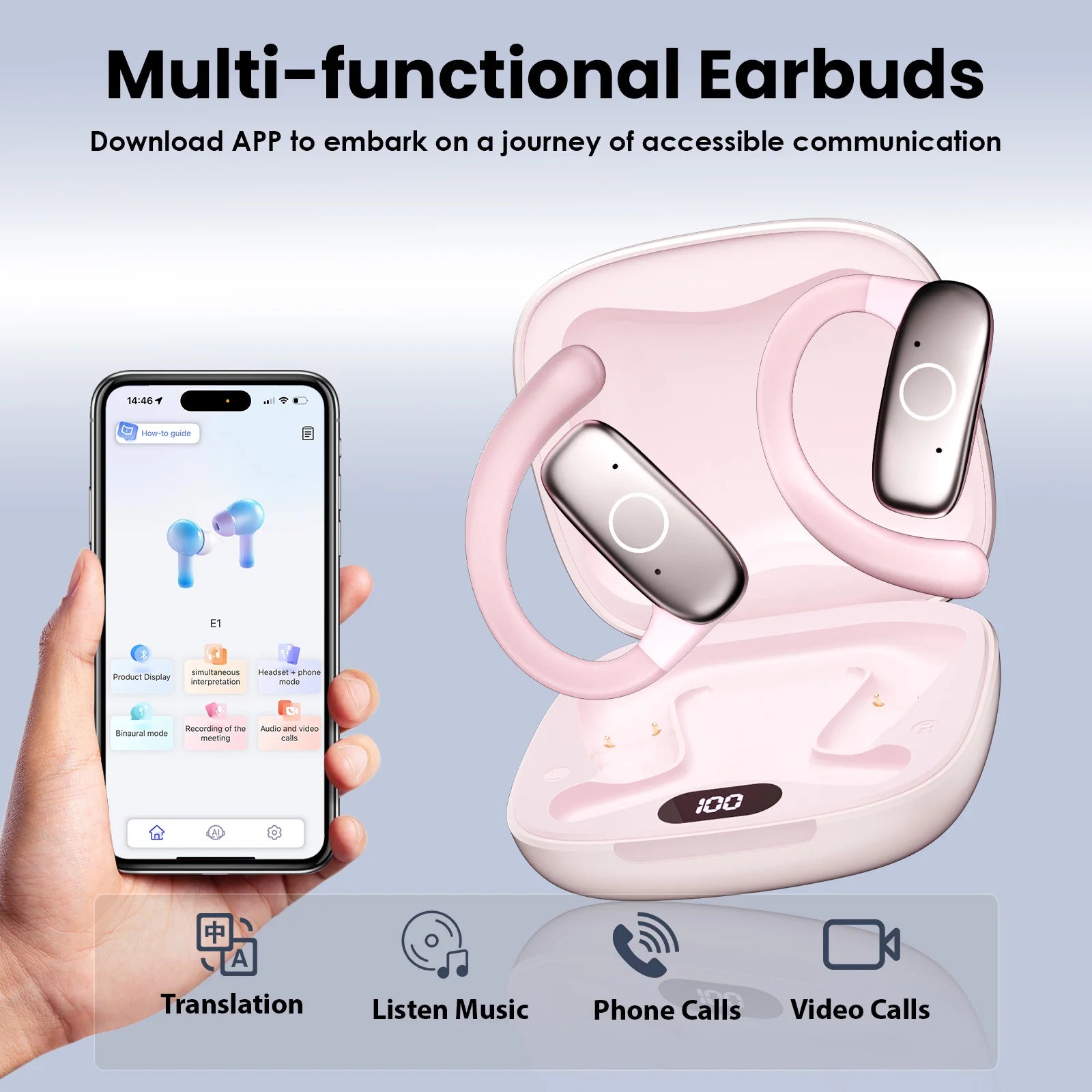 AI Language Translating Earbuds with 144 Languages Real Time Translator Earphone OWS Headphone Ear Buds for Business