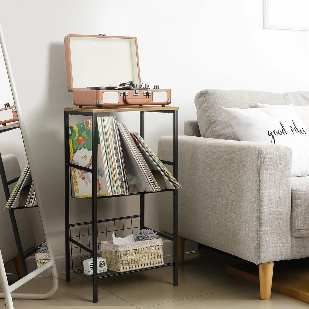 3-Tier Metal Record Player Stand - Holds 90 Vinyl Albums, Turntable Shelf for Living Room/Bedroom/Office, Brown