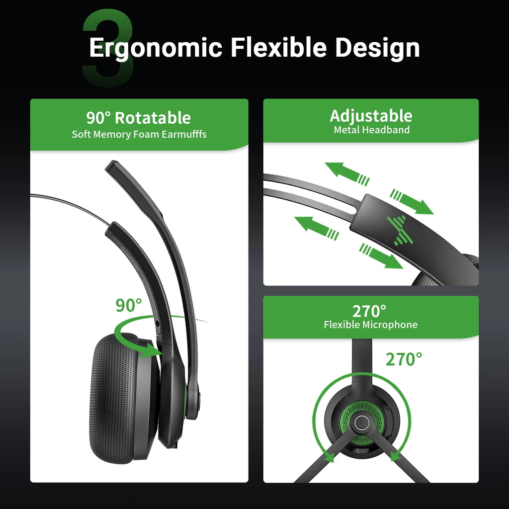 JIAMQISHI EH06 Bluetooth Wireless Headset with Mic for Work Call Center Headphones with USB Dongle Mute for PC/Computer/Laptop