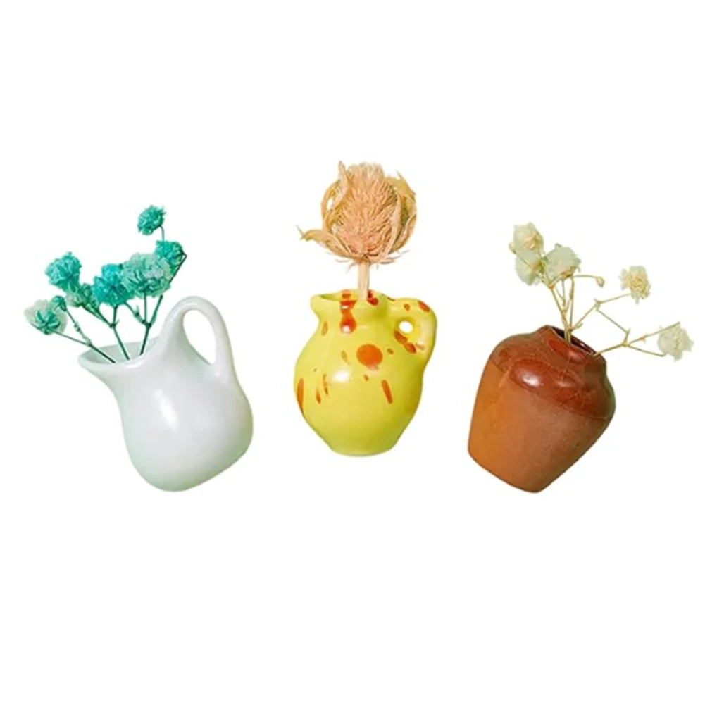 3-14pcs Set Mini Ceramics Vase Fridge Magnets Label Mini Bonsai Magnet Button Potted Simulation Flower Vase Refrigerator Message