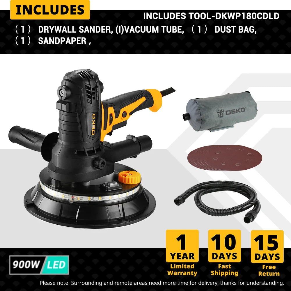 DEKO DKWP180CDLD/DKWP180CD 900W Drywall Sander Grinding Portable Polishing Machine with Sandpaper LED Light and Dust Clooect Bag