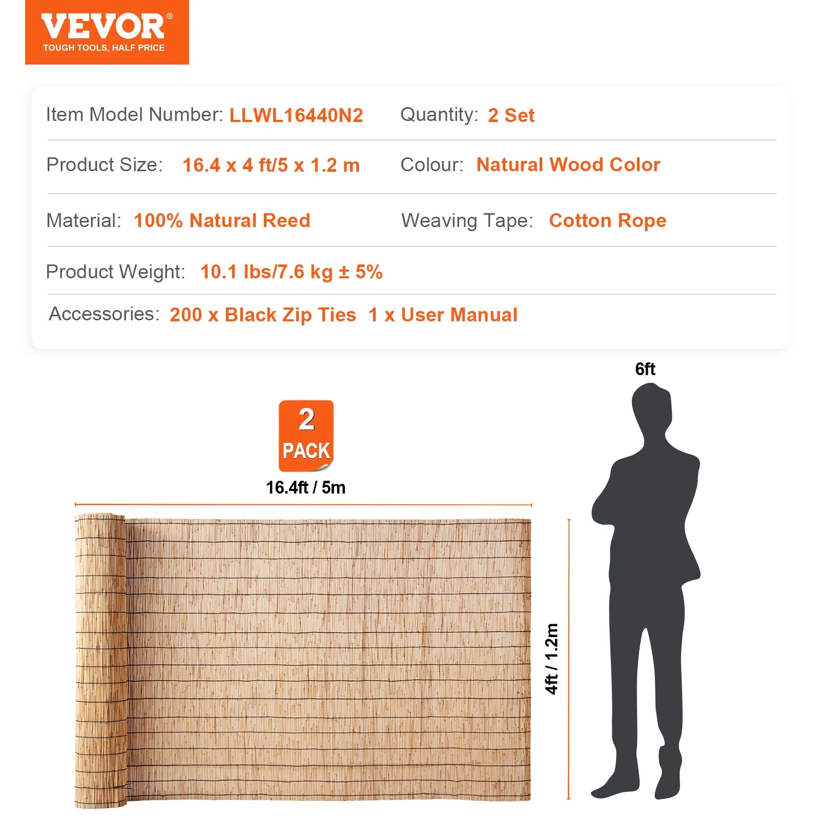 VEVOR Natural Reed Fencing 5.5 ft x 16.4 ft Balcony Reed Fence Roll for Outdoor Backyard Patio Backyard Garden Fencing Divider