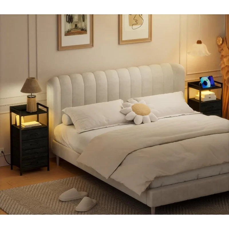 Night Stand with Charging Station, Black Nightstand with Drawers and Led Light, Tall Dresser for Bedroom, Bedside Table
