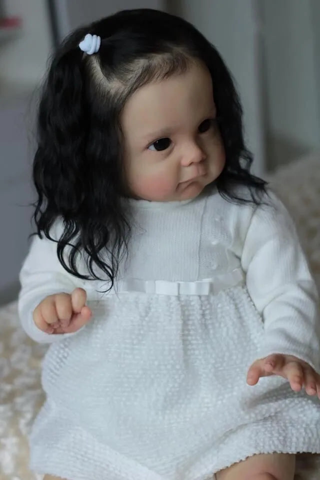 NPK 60CM Bebe Doll Reborn Toddler Maggi in Black Rooted Hair Soft Touch 3D Skin with Visible Veins High Quality Art Doll