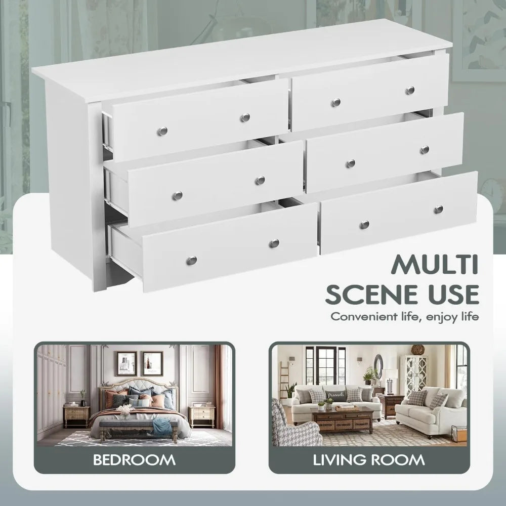 Dresser for Bedroom with 6 Drawer, Wood Wide Chest Storage Organizer and TV Stand for Living Room, Hallway, Dormitory