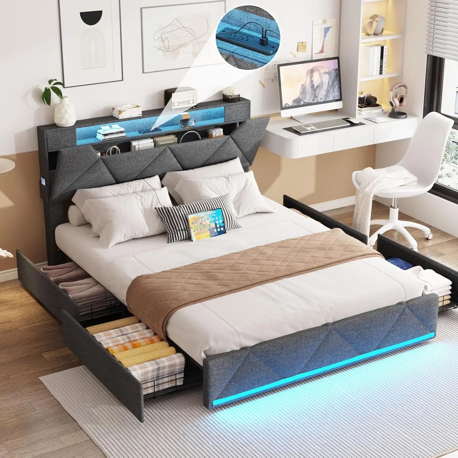 Vabches Bed Frame Queen with Storage Headboard&4 Drawers Upholstered Platform Bed Frame with Charging Station&LED Lights Bedroom