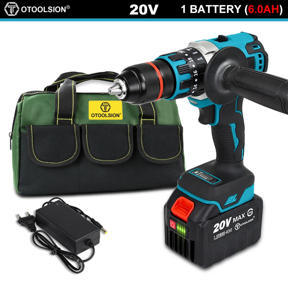 20V 13mm Brushless Impact Drill 20 Torque 120NM Cordless Impact Drill Screwdriver Drill Ice Drill Electric Drill Li-ion Battery