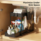Bathroom Kitchen 2 Tier Under Sink Organizer Sliding Cabinet Storage Basket Rack with Hooks Hanging Cup