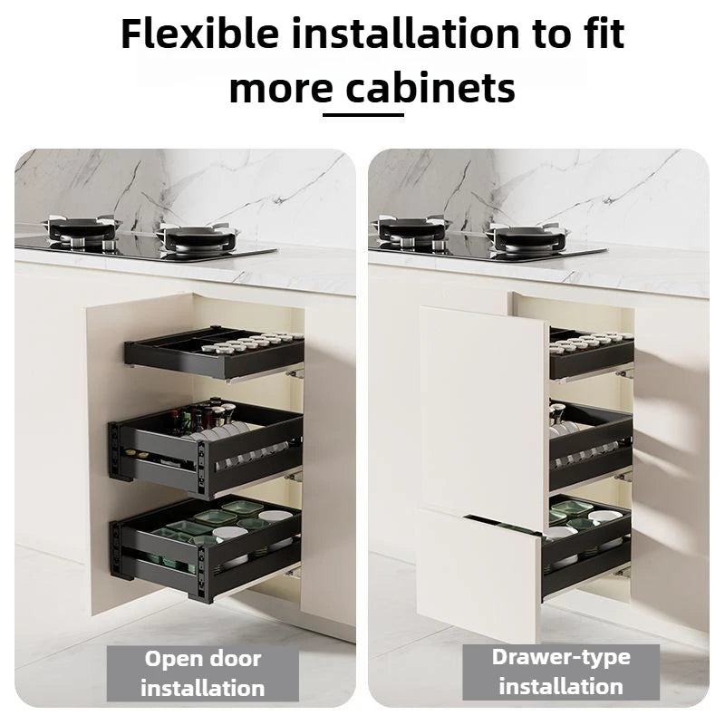 3 Layers Kitchen Cabinet Aluminum Alloy Storage Pull-out Bowl Basket Shelves Organizers Dish Spice Rack Sliding Seasoning Holder