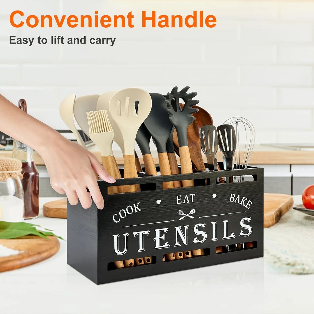 Wooden kitchen utensil rack, countertop utensil organizer with 3 compartments, rustic decor and cooking tool storage.
