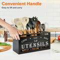 Wooden kitchen utensil rack, countertop utensil organizer with 3 compartments, rustic decor and cooking tool storage.