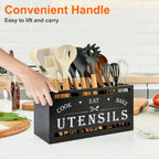 Wooden kitchen utensil rack, countertop utensil organizer with 3 compartments, rustic decor and cooking tool storage.