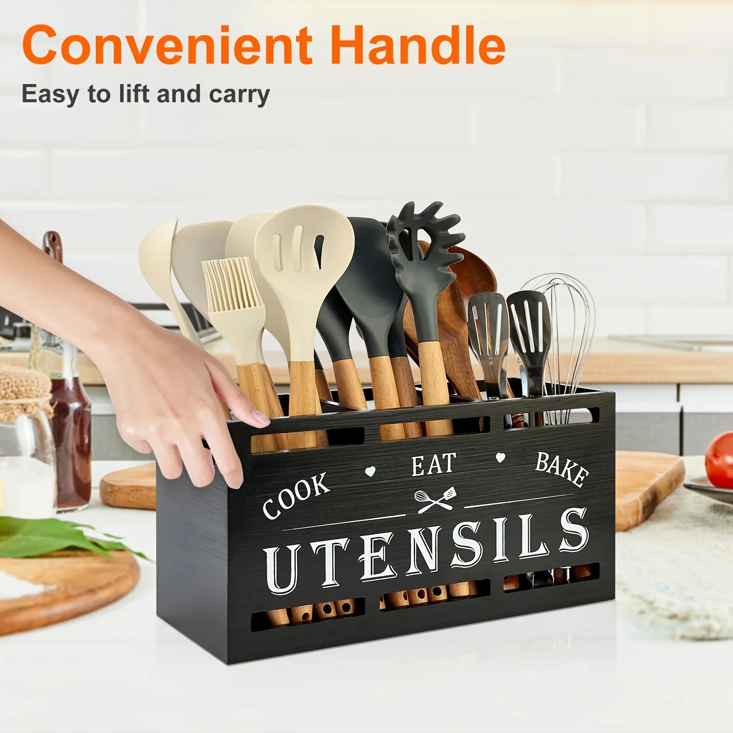 Wooden kitchen utensil rack, countertop utensil organizer with 3 compartments, rustic decor and cooking tool storage.