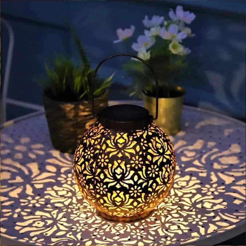 Solar Powered Hollow Ball Garden Light Waterproof Iron Metal Pendant Landscape Projection Hanging Decor for Outdoor Garden Decor