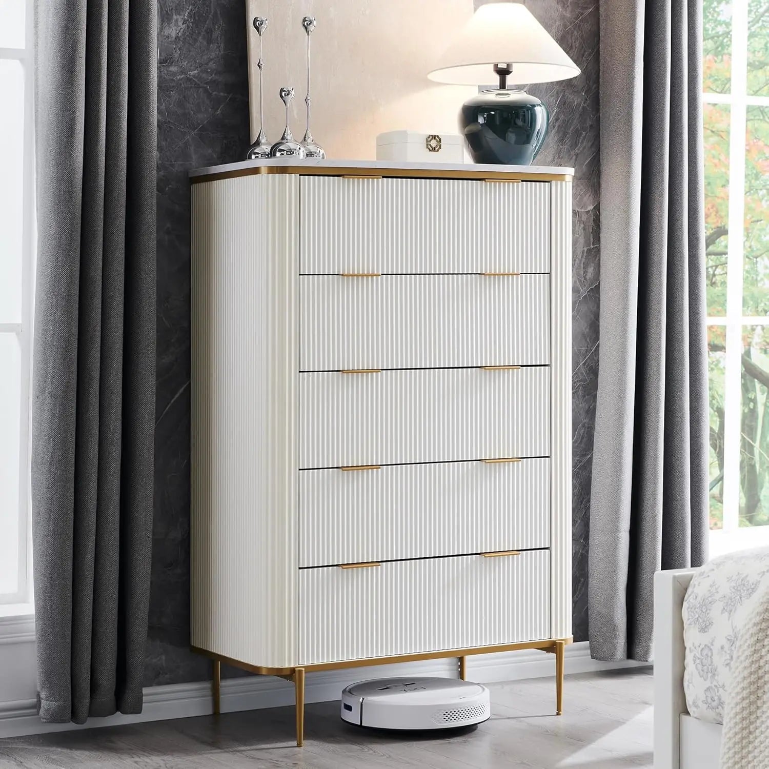 Fluted 5 Drawers Dresser for Bedroom,48" Tall Modern Dresser Chest of Drawers, Gold Accents,Fluted Fronts,Wood Storage Dressers