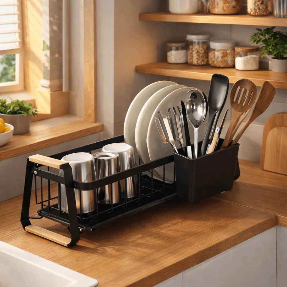 Detachable Kitchen Dish Rack Wooden Handle Large Capacity Dish Drying Drain Rack Dish Drainer Metal Frame Kitchen Organizer
