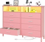 Dresser for Bedroom Pink Bedroom Dresser with LED Lights and Charging Station, 8 Long Fabric Drawers Dressers, Tall Wide Chest