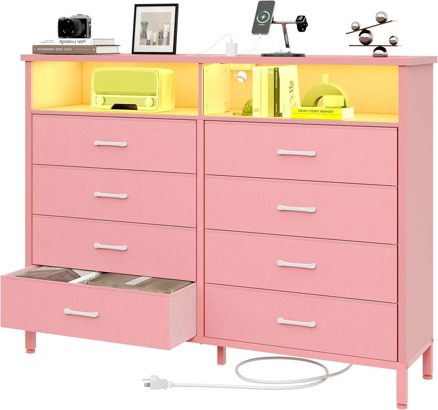 Dresser for Bedroom Pink Bedroom Dresser with LED Lights and Charging Station, 8 Long Fabric Drawers Dressers, Tall Wide Chest