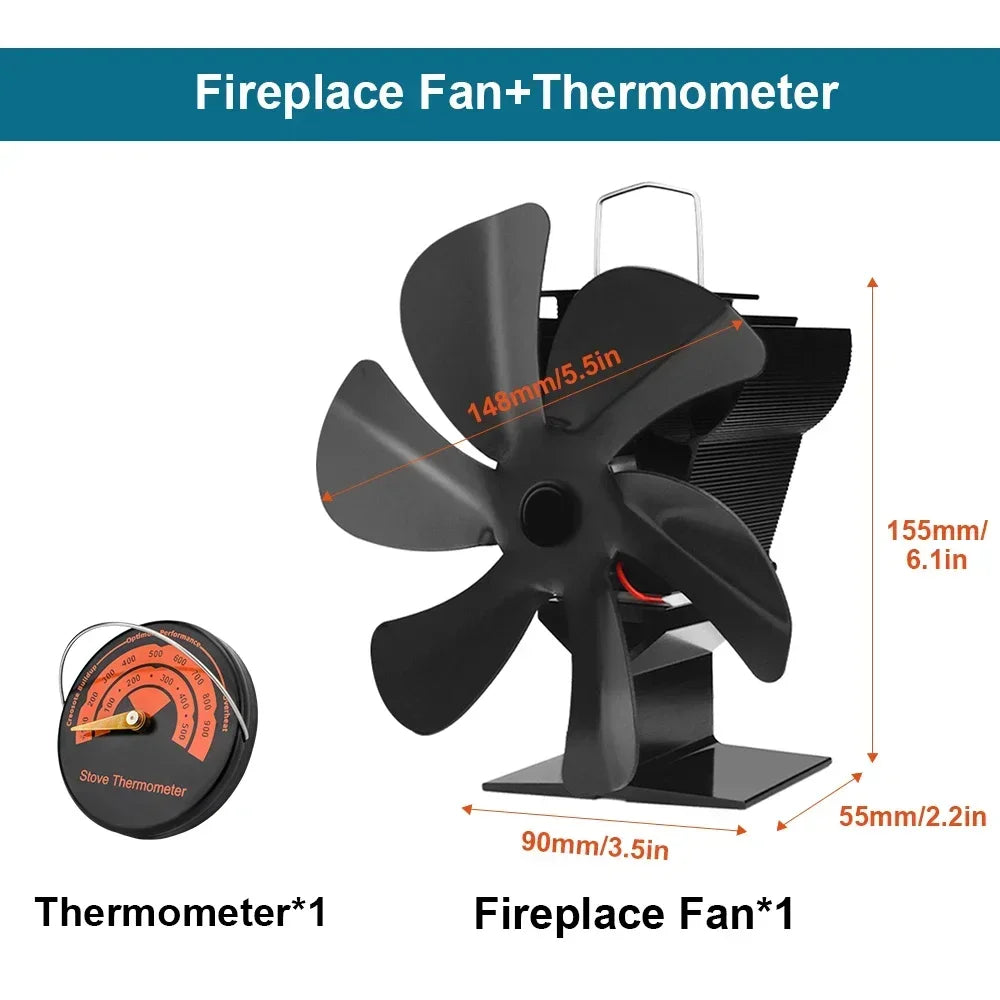 6 Blades Heat Powered Stove Fan Eco Quiet Black Log Wood Burner Fireplace Fan Winter Warmer Home Efficient Heat Distribution