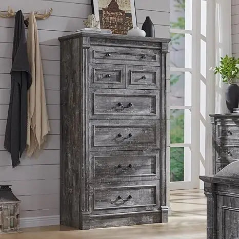 Farmhouse 7 Drawers Dresser for Bedroom, 57" Tall Large Dressers & Chests of Drawers w/Roman Column, Storage Dressers Organizer