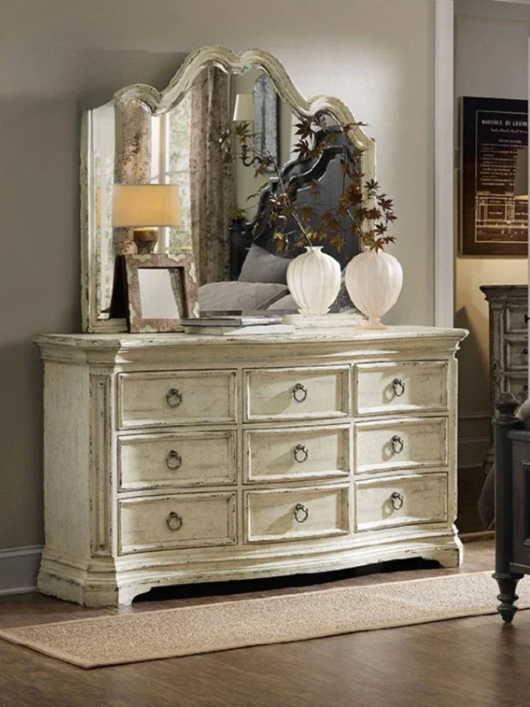 American Country Solid Wood Dresser Bedroom Chest of Drawers TV Cabinet Multi-Drawer Locker White as Old Vintage Furniture