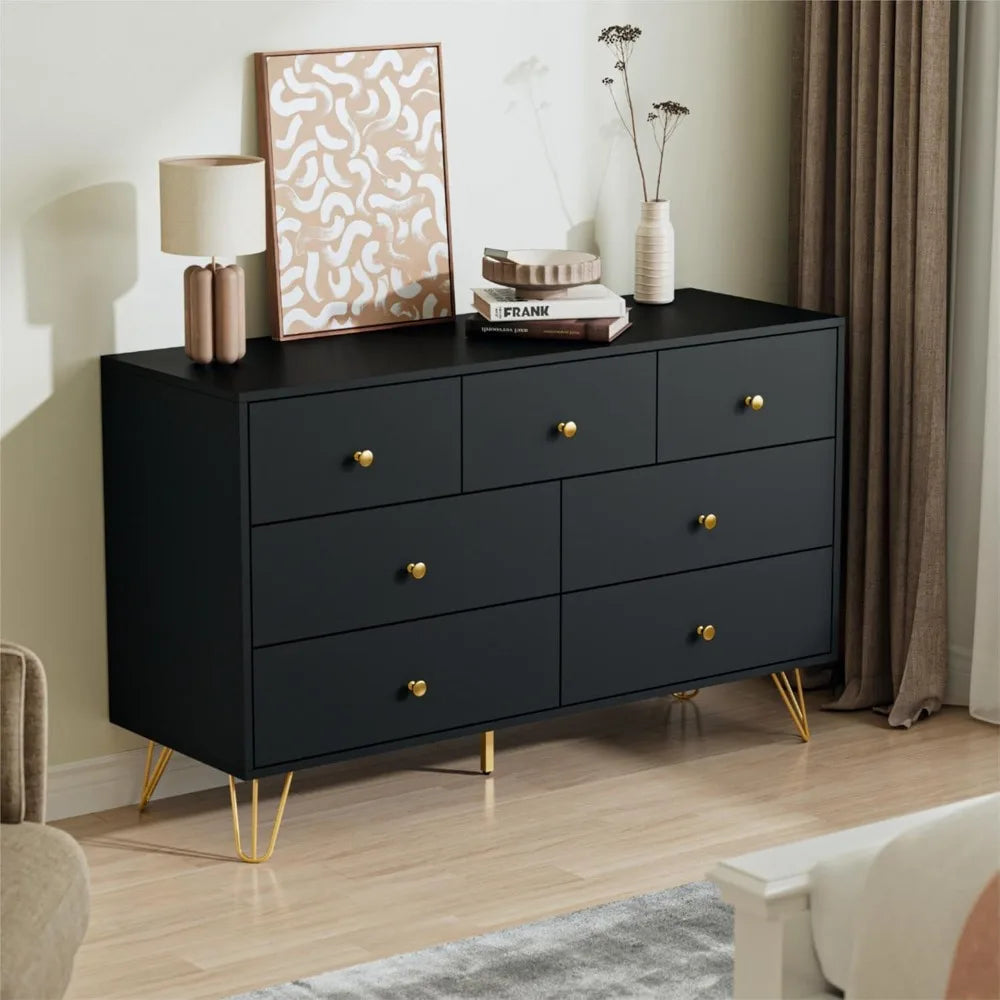 Black Dresser for Bedroom, Modern 7 Drawer Dresser with Gold Handles and Metal Legs, Black and Gold Dressers & Chest of Drawers