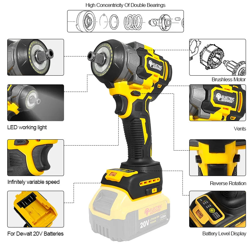 800N·M Cordless Torque Wrench 1800w Household Impact Wrench Electric Screwdriver Ring Led Light For Dewalt 20V Battery