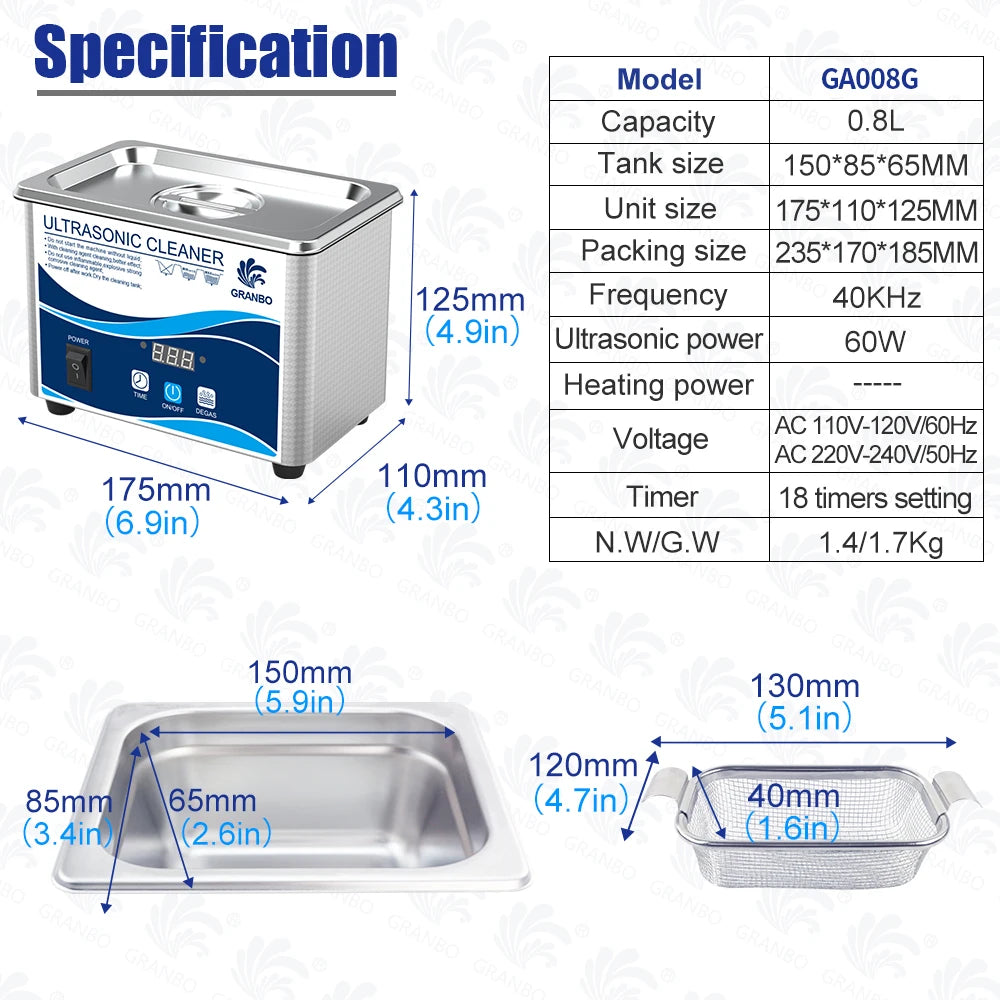 Ultrasonic Cleaner 60W Ultrasound Glasses Cleaner 40KHz High Frequency Ultrasonic  Bath for Glasses Jewelry Necklace Cleaning