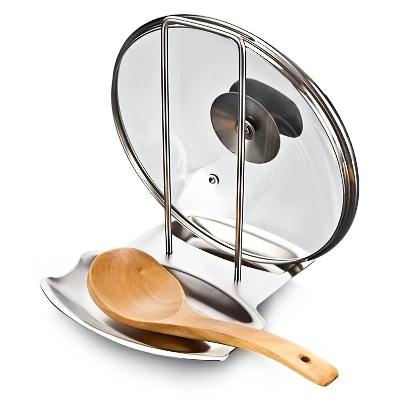 Kitchen Countertop Pot Lid And Spoon Rest Stainless Steel Holder Rack With Draining Tray Utensil Storage Stand Washing Basket
