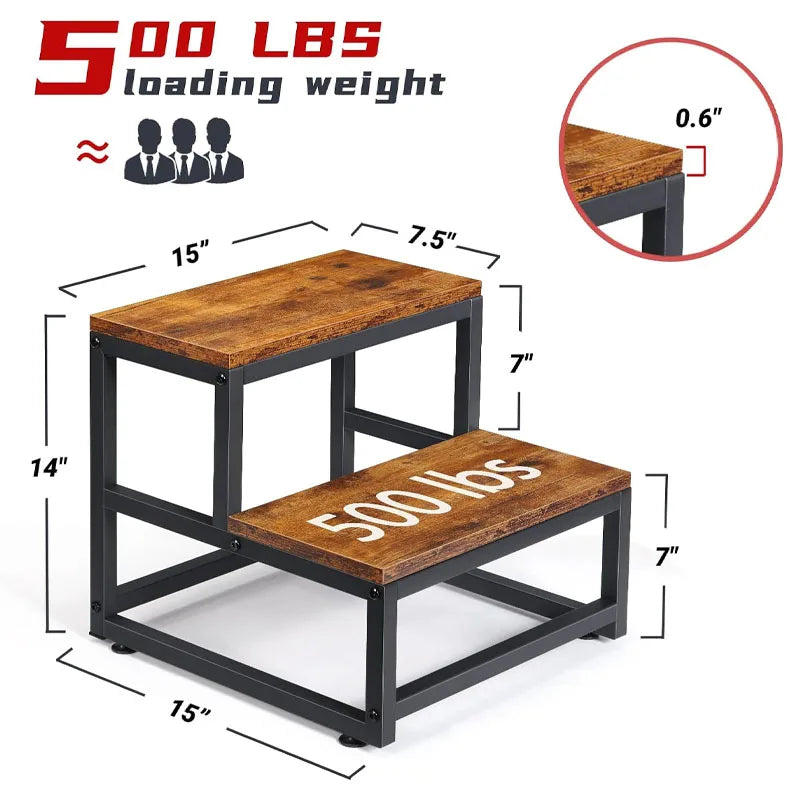 2-Step Stool for Adults & Kids, Heavy-Duty Steel & Wooden, Supports 500lbs, Ideal for Kitchen, Bedroom, Bathroom