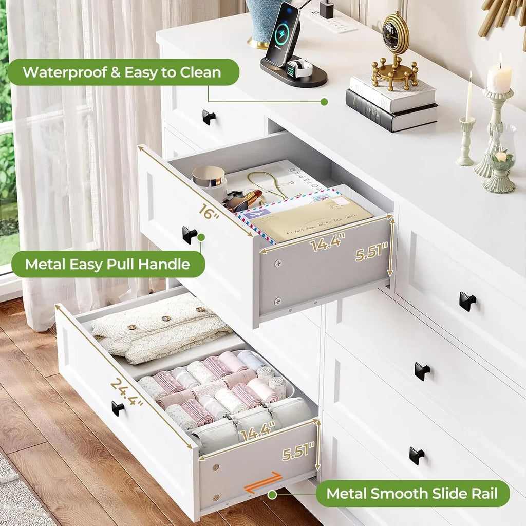 White Bedroom Dresser, 51.2" Large  Charging Station, Wide  , Wooden Tower Organizer Dresser for Bedroom, Living Room