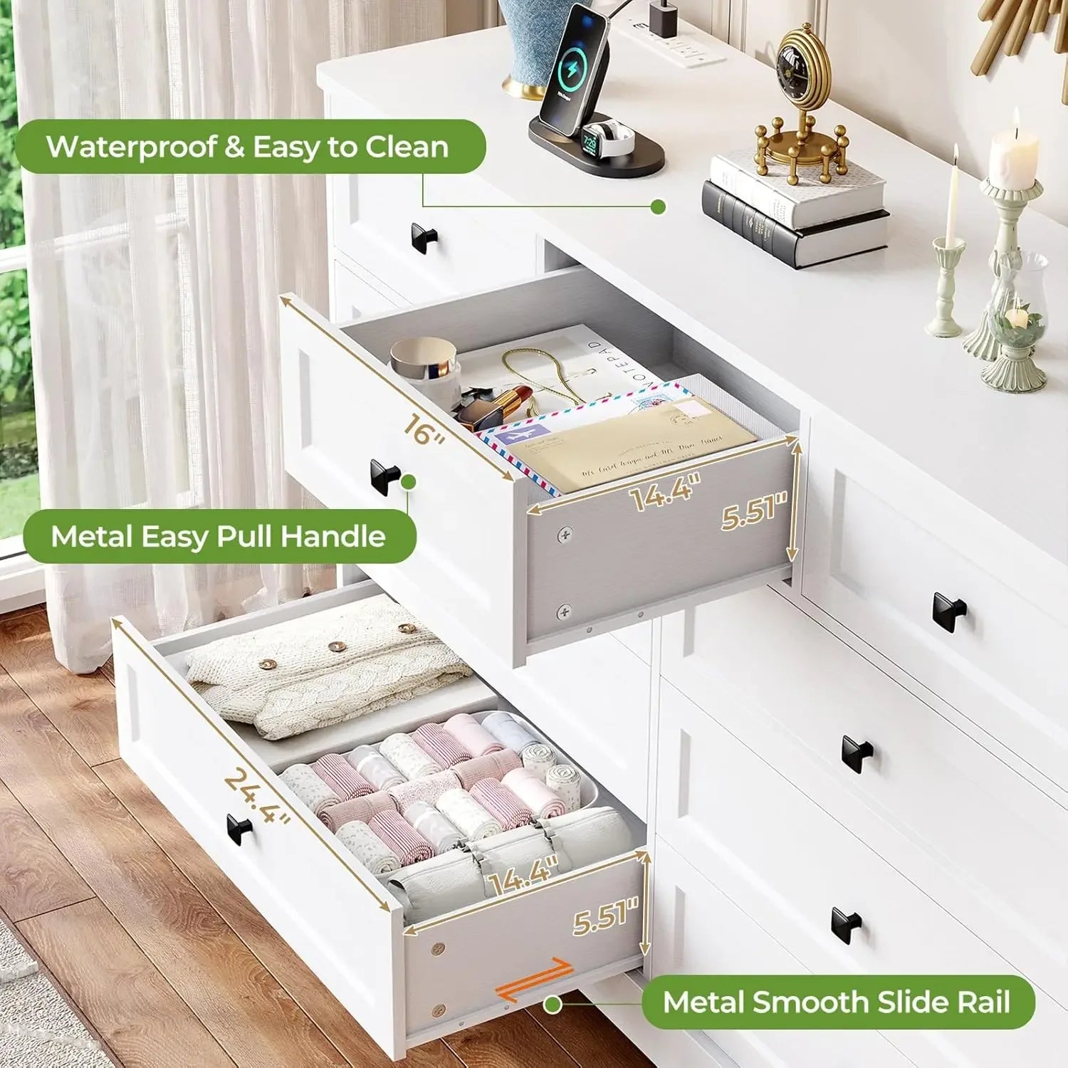 White Bedroom Dresser, 51.2" Large  Charging Station, Wide  , Wooden Tower Organizer Dresser for Bedroom, Living Room