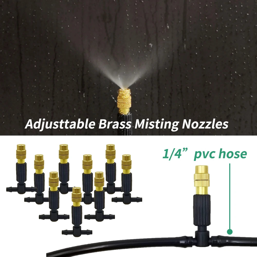 5M-30M Outdoor Misting Cooling System Garden Irrigation Watering 1/4'' Brass Atomizer Nozzles 4/7mm Hose for Patio Greenhouse